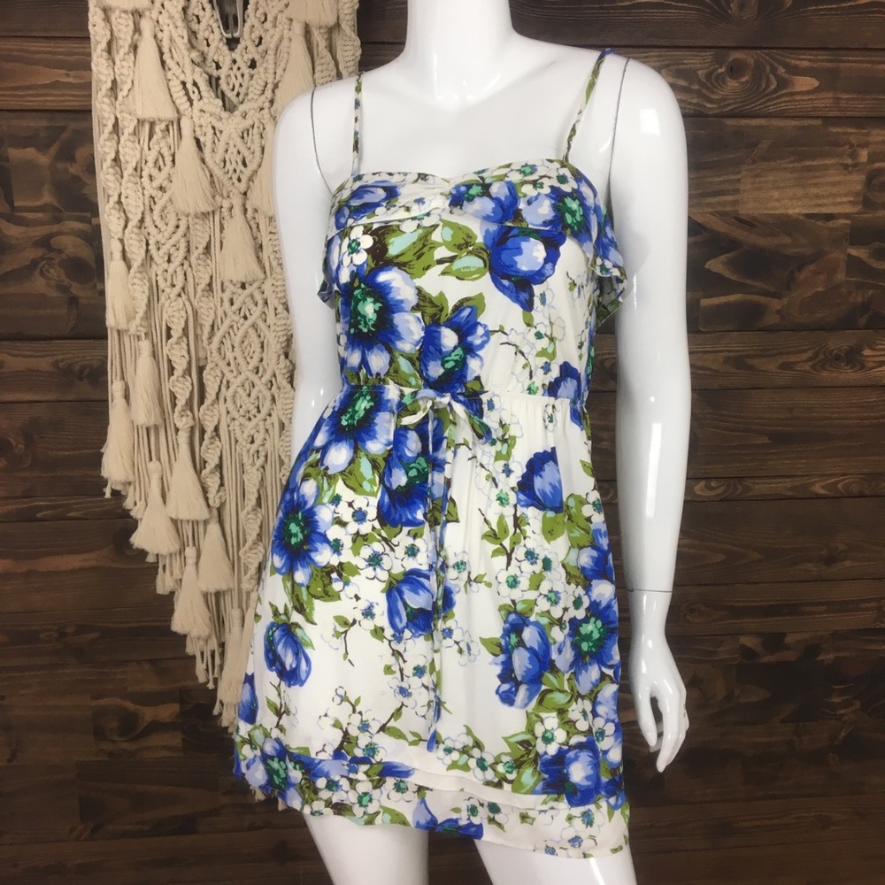 Arden B | Floral Split Tier Dress Blue and Green Flowers Mini Dress - Picture 2 of 5